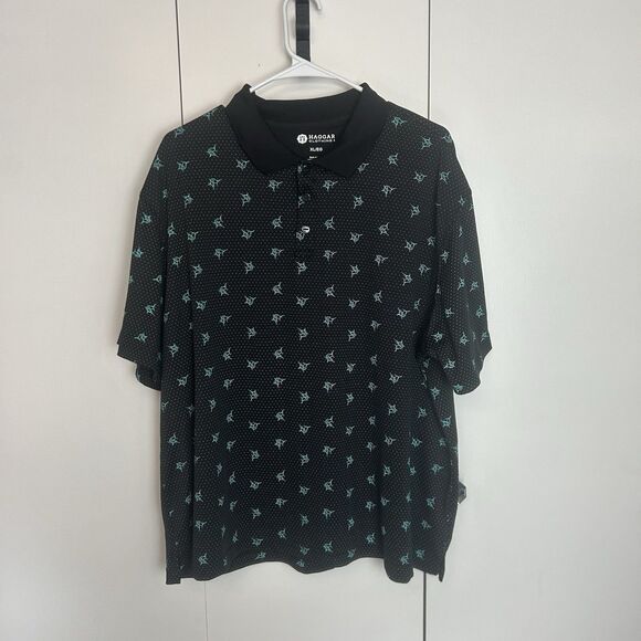 Sharks Sea Life Black Blue Short Sleeve Polo Shirt -Mens Polyester Haggar Sz XL - Picture 1 of 6